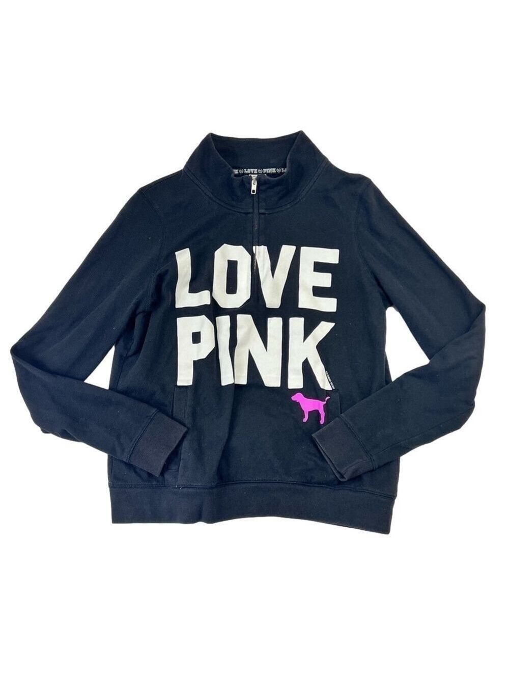 Vtg Y2K Victoria's Secret PINK 'Love Pink' Half Zip Sweatshirt Size L Black